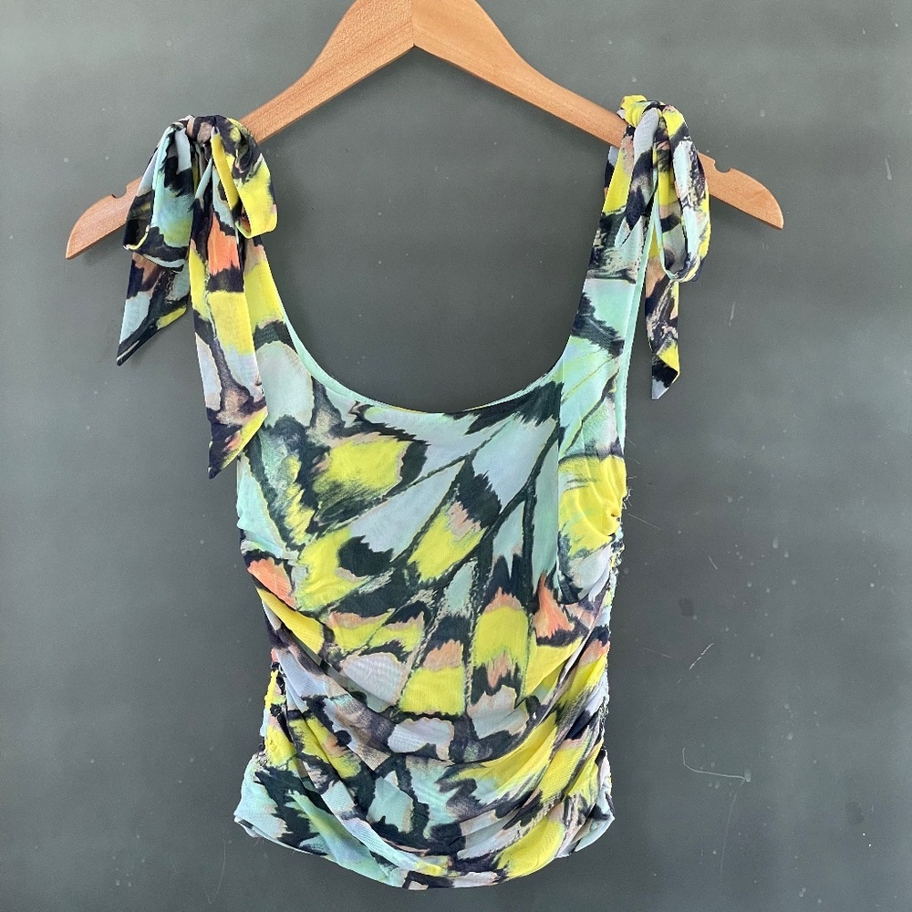 Free People Avenue Tank Tie Shoulder Ruched Mesh Top Abstract Print S
